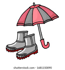 Freehand illustration set: boots and umbrella. Vector isolated, white background. Color drawing with outline.