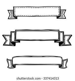 Freehand illustration of set of grunge ribbon banners on white background, doodle hand drawn