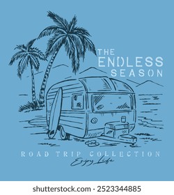 Freehand illustration of a trailer in a coastal landscape. Editable art for printing on t-shirts, decoration, etc.