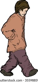 Freehand illustration of upset Caucasian man walking