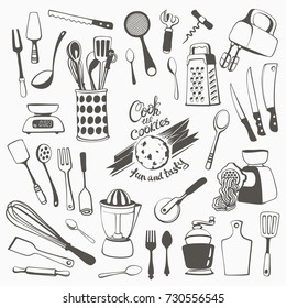 Freehand Illustrations of various Cutlery and Kitchen Utensils