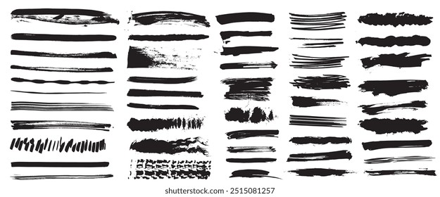 Freehand ink lines, brush strokes, wavy doodle shapes, visible grunge texture. Abstract hand marks, horizontal banner rough dirty lines, vector set isolated.