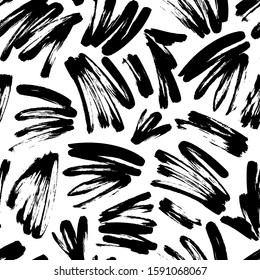 Freehand Ink Scrawls, Scratches Vector Seamless Pattern. Dry Brushstrokes Scribbles Black And White Background. Creative Printmaking Texture. Dirty Scattered Brush Strokes Minimal Wallpaper Design