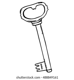 Freehand key isolated on white background. Nice key silhouette for prints, design, decoupage, scrapbook. White and black colors.