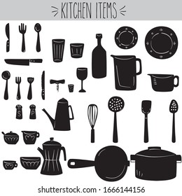 Freehand kitchen items black hape, Pots & pans, fork & knives, salt & pepper shaker illustration, Home culinary utensil sketch, Soup bowl, spoon & spatula drawing, Glass bottle, cup, plate, cook