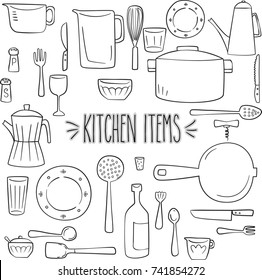 Freehand kitchen items black outline, Pots & pans, fork & knives, salt & pepper shaker illustration, Home culinary utensil sketch, Soup bowl, spoon & spatula drawing, Glass bottle, cups, plates, cook