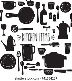 Freehand kitchen items black silhouette, Pots & pans, fork & knives, salt & pepper shaker illustration, Home culinary utensil sketch, Soup bowl, spoon & spatula drawing, Glass bottle, cup, plate, cook