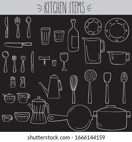 Freehand kitchen items white outline, Pots & pans, fork & knives, salt & pepper shaker illustration, Home culinary utensil sketch, Soup bowl, spoon & spatula drawing, Glass bottle, cups, plates, cook