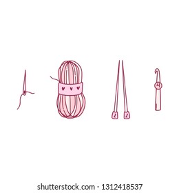 Freehand   knitting and crochet icons.  Hand drawn illustration of flat outline design elements.