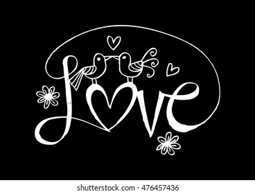  Freehand letters "love" text doodles with floral decor and two birds