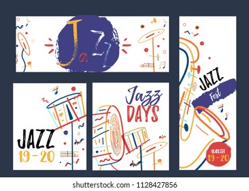 Freehand line art Jazz Music banner set. Music festival promotion creative concept with colorful lines