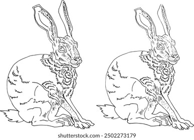 Freehand line drawing bunny Easter rabbit Detailed cartoon line Character illustration hare pet animal. Clipart coloring book design monochrome ornamental graphics 