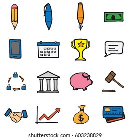 Freehand line icons for business, banking, contact, social media, technology, logistic, education, sport, medicine, travel, weather, construction, arrow.