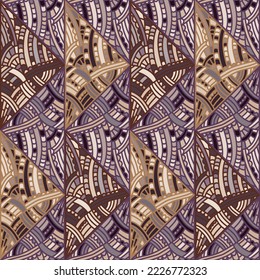 Freehand line mosaic seamless pattern. Vintage boho tile ornament. Creative doodle style backdrop. Abstract geometric ethnic tile. Retro design for fabric, textile print, wrapping paper, cover.