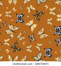 Freehand linear ink hand drawn logo in art retro tileable openwork design style. Cute wild fly hexapods isolated on gently backdrop. View close up on yellow, orange and white colors.