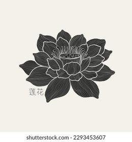 Freehand of a lotus with thin graceful lines . Lotus flower luxury design template poster. The inscription in Chinese hieroglyphs means - Lotus.Vector illustration.