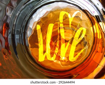 Freehand Love message. Flame letters. CD cover design. Valentines Day greeting card. Blurred summer sunset vector background illustration.