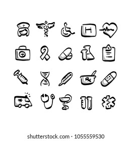 freehand medical icon set with gray shadow vector illustration sketch hand drawn with black lines isolated on white background