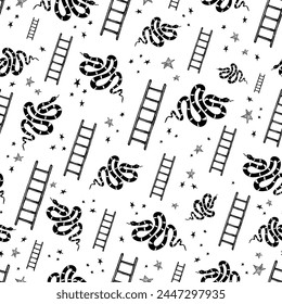 Freehand monochrome drawing of snakes, ladders and stars over white vector seamless pattern. Elegant monochrome surface art for printing on different surfaces or for use in graphic design projects.