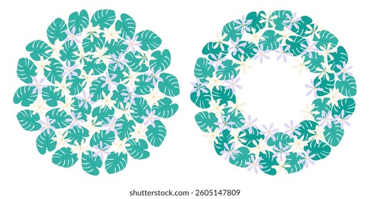 Freehand Monstera leaves Abstract Multicolored Flowers Circle Background Frame border Template Set 2