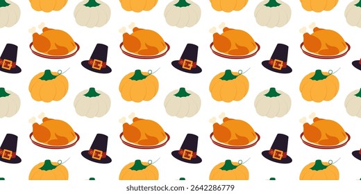 Freehand Multicolored Pumpkins Pilgrim hat and Fried Turkey on plate Seamless Pattern Thanksgiving