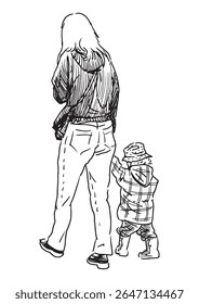 Freehand outline drawing of casual young woman with little child walking outdoors, vector illustration, rear view, realistic sketch