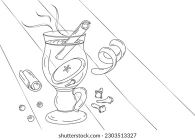 Freehand outline drawing of glass cup with mulled wine, cinnamon stick, cloves and apple slice. EPS