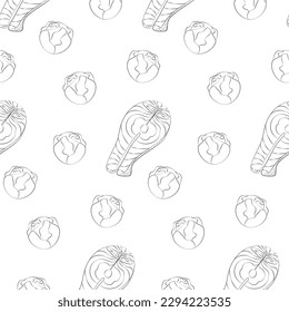 Freehand outline drawn seamless pattern of salmon steak and head of brussels sprouts. Healthy food.