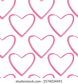 Freehand Outline hearts shape Seamless pattern in trendy pink. St Valentines Day greeting background