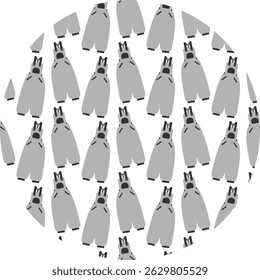 Freehand Overalls with straps and pocket Grayscale Seamless Pattern on Circle Background Infographic