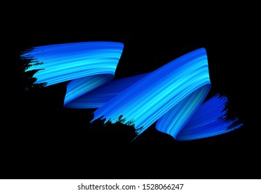 Freehand paint brush stroke realistic illustration. Flamboyant acrylic paint zig zag smears isolated on black background. Grunge style texture with metallic glow and blue color gradient effect