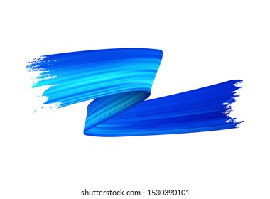 Freehand paint brush stroke realistic illustration. Flamboyant acrylic paint zig zag smears isolated on white background. Grunge style texture with metallic glow and blue color gradient effect