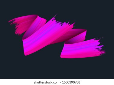 Freehand paint brush stroke realistic illustration. Flamboyant acrylic paint zig zag smears isolated on black background. Grunge style texture with metallic glow and pink color gradient effect