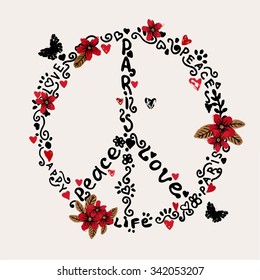 Freehand Peace, Love, Paris illustration with flowers.