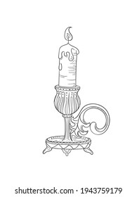 Freehand pencil drawing of a candlestick with burning candles. Sketchy vintage candlestick, linear black and white drawing of a burning candle. Vector illustration.