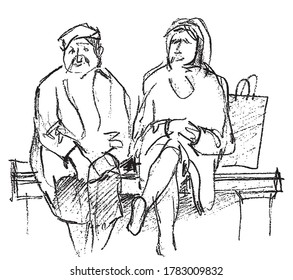 Freehand pencil drawing of two old women sitting on the park bench