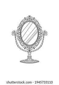 Freehand pencil drawing of a vintage table mirror. Sketchy antique baroque mirror, linear black and white drawing. Vector illustration.