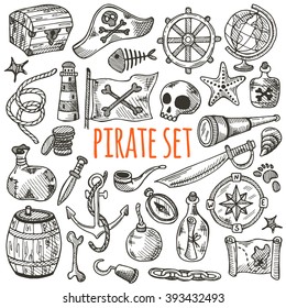 Freehand pirate set for your design. Hand drawn pirate elements made in vector. Map, flag, anchor, spyglass, lighthouse, roger, treasure, ahoy, bone, money, rum, bottle, palm, cannonball and other.