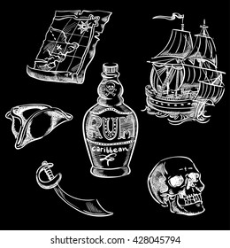 Freehand pirate set for your design.Map, tricorn, cutlass, skull, ship, bottle of rum