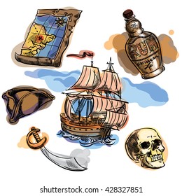 Freehand pirate set for your design.Map, tricorn, cutlass, skull, ship, bottle of rum