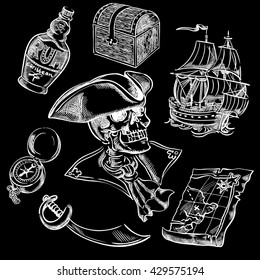 Freehand pirate set for your design.Map, tricorn, cutlass, skull, ship, bottle of rum,chest, compass