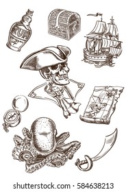 Freehand pirate set for your design.Map, tricorn, cutlass, skull, ship, bottle of rum,chest, compass,octopus