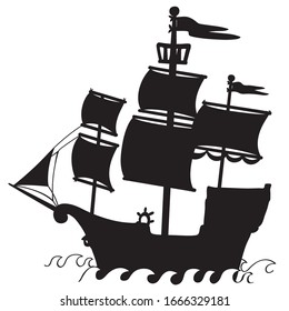 Freehand pirate ship with waves black shape illustration. Vintage sail wooden boat and flag. Classic ocean sailor. Nautical vessel sketch. Antique old sailboat travel transport. Marine vector