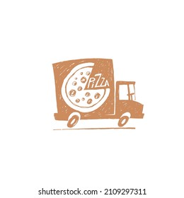 freehand pizza delivery, fast food delivery car, vector image