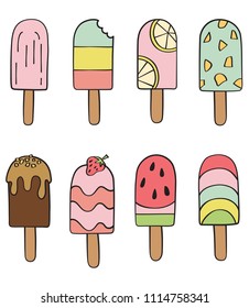Freehand Popsicle colored illustration, Ice cream threat delicious watermelon and brown chocolate nuts caramel, Hot summer frozen sweets, Cold dessert rainbow yellow citrus and pink strawberry bite