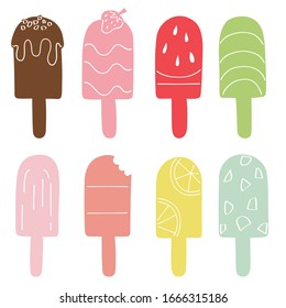 Freehand Popsicle illustration colored shape, Ice cream threat delicious watermelon and chocolate nuts caramel, Hot summer frozen sweets, Cold dessert rainbow citrus and strawberry bite