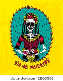 Freehand postcard for the Day of the Dead. Mexican Festival. Skeleton in the flowers