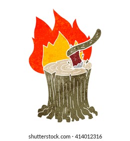 freehand retro cartoon axe in a flaming tree stump
