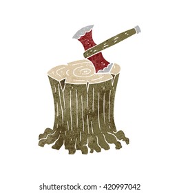 freehand retro cartoon axe in tree stump