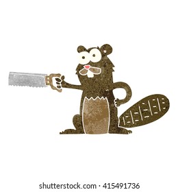 freehand retro cartoon beaver with saw